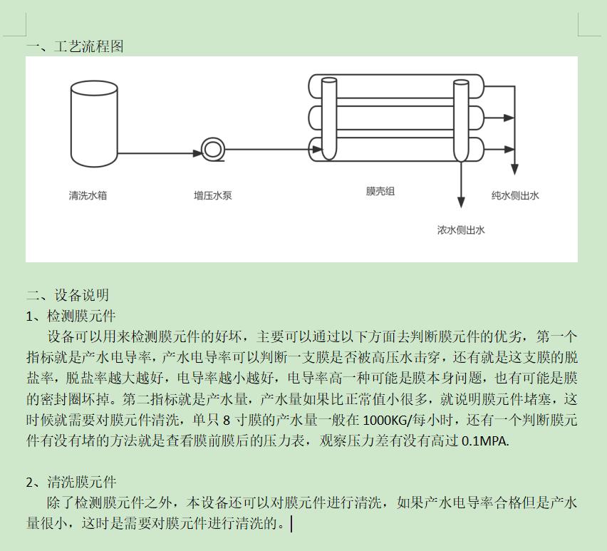 ro洗膜机工艺流程图及工艺说明